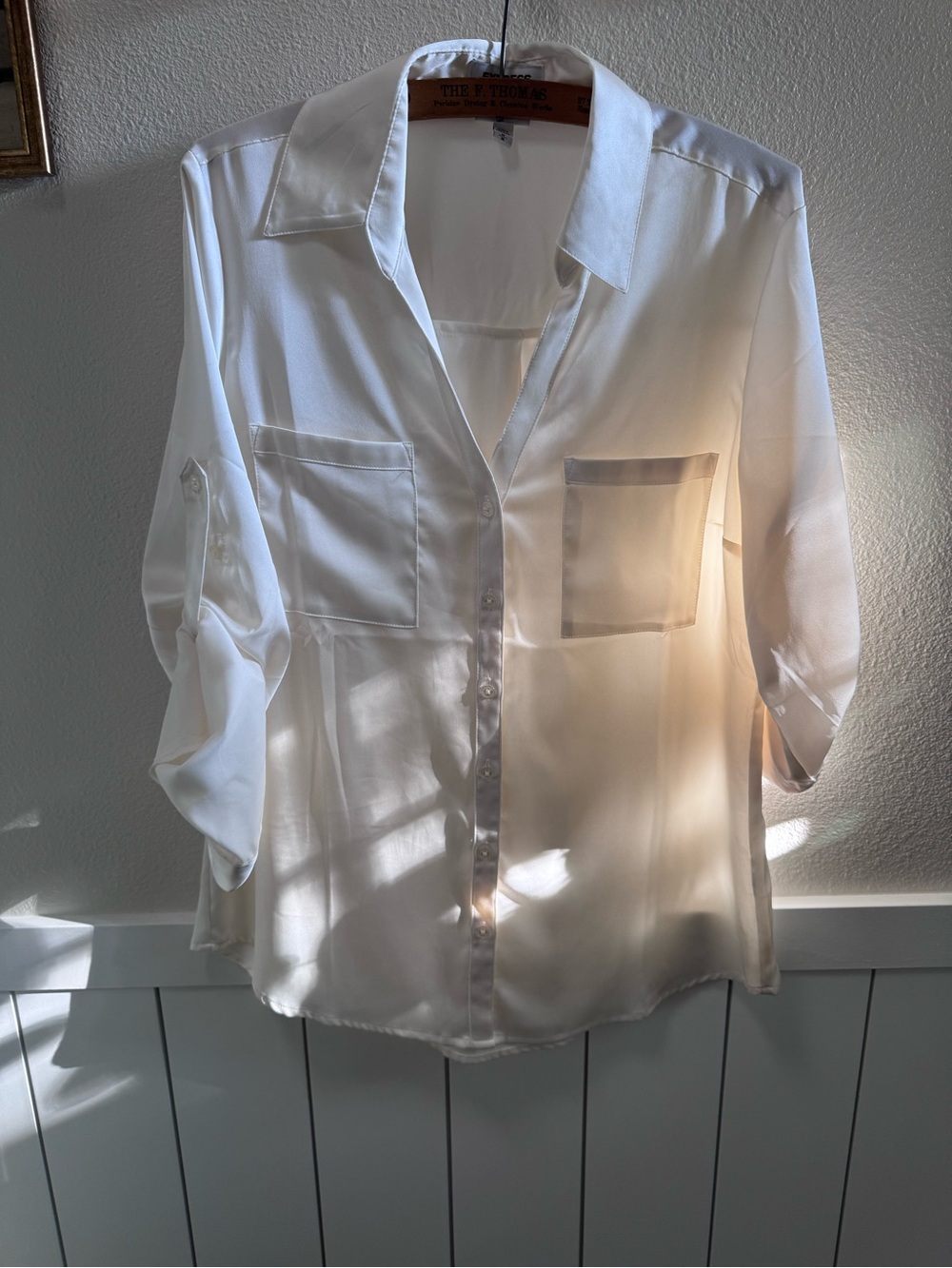 Women's Satin Cream Button-Up Dress Shirt - Classic Pocket Blouse